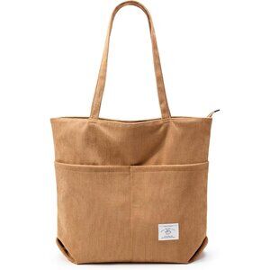 👑Women's Brown Corduroy Lightweight Zipper Pocket Classic Foldable Tote Bag